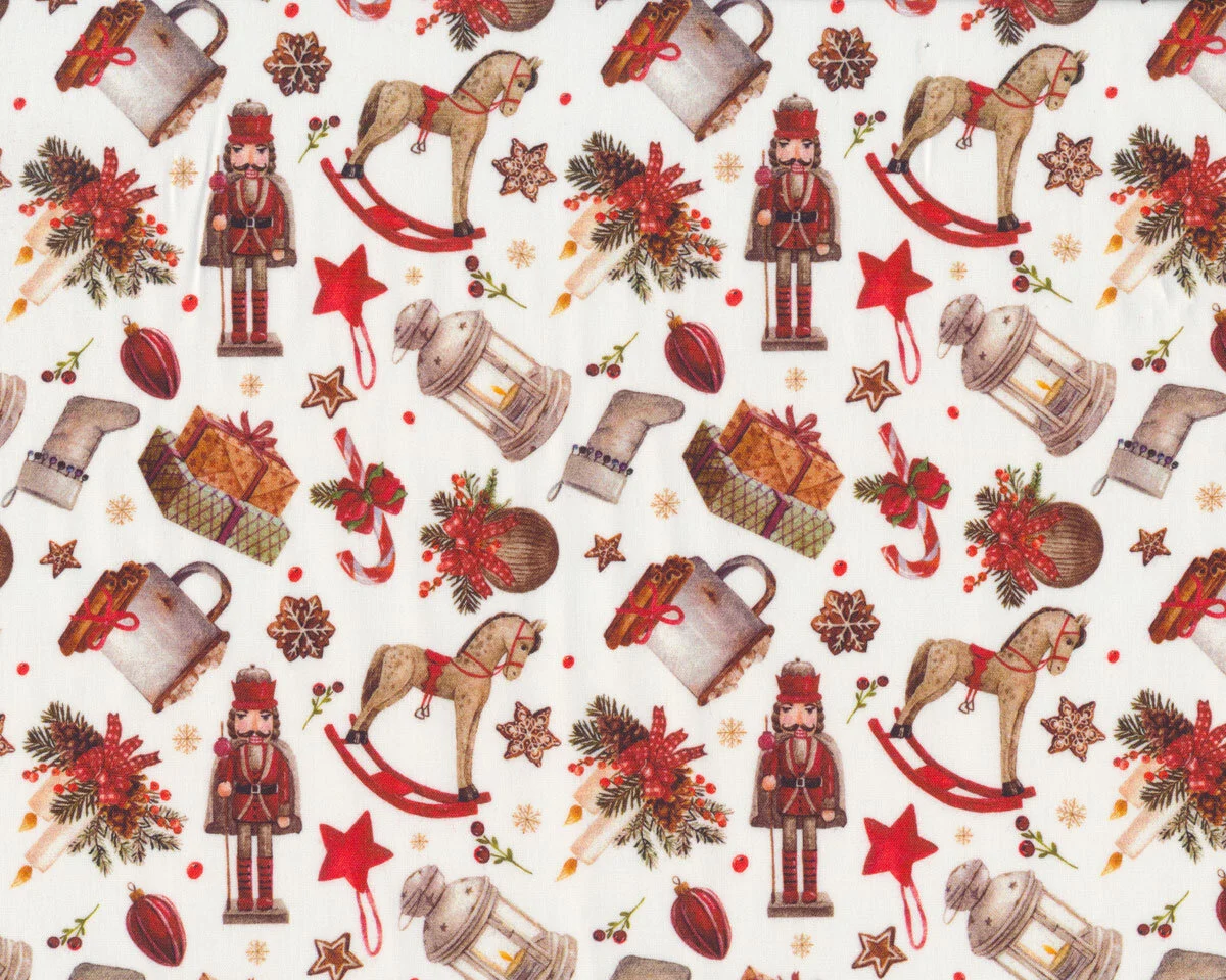 Weihnachtsstoff mit Schaukelpferden und Nussknackern